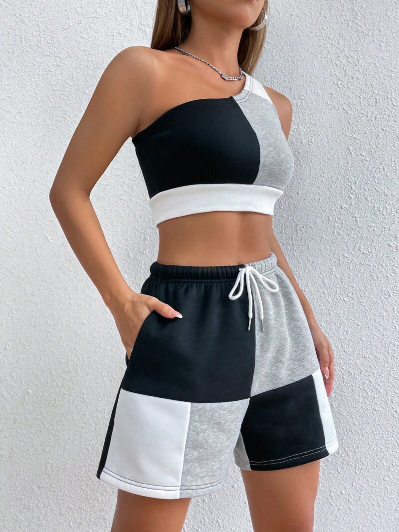 Colorblock One Shoulder Crop Top & Drawstring Waist Shorts - Image 6