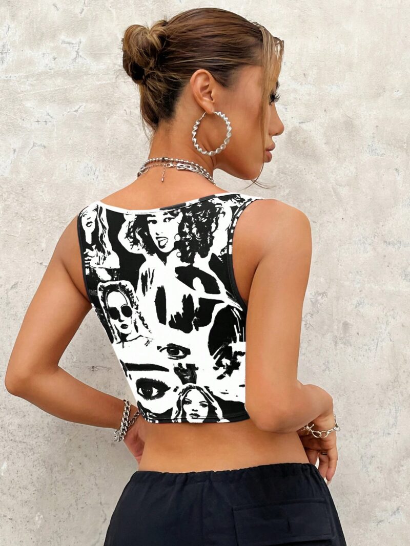 Figure & Slogan Graphic Bandana Hem Crop Tank Top Black & White - Image 3