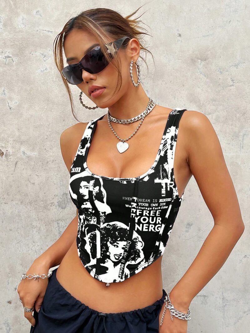 Figure & Slogan Graphic Bandana Hem Crop Tank Top Black & White - Image 6