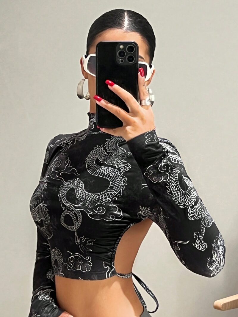 Chinese Dragon Graphic Mock Neck Backless Knot Black Crop Tee - Image 6