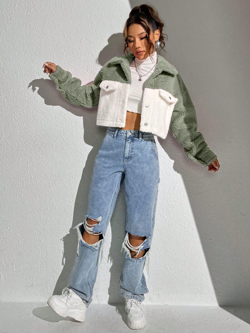 Two Tone Drop Shoulder Crop Corduroy Jacket - Image 7