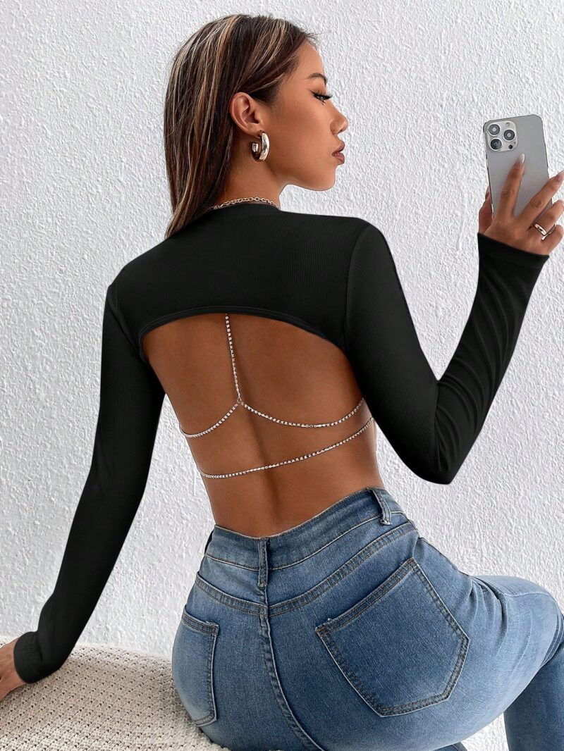 Diamond Chain Decorated Long Sleeve Cropped T-Shirt With Open Back