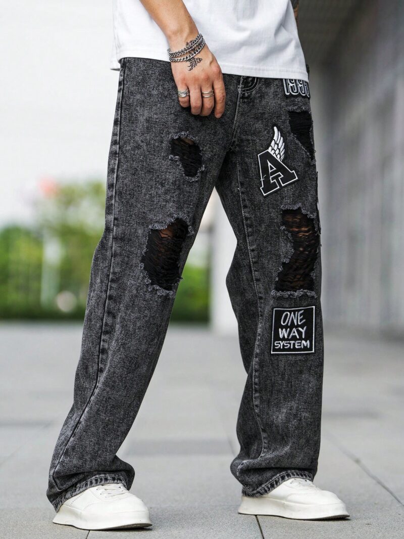 Men Letter Graphic Ripped Straight Leg Jeans - Image 4