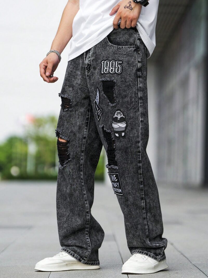 Men Letter Graphic Ripped Straight Leg Jeans