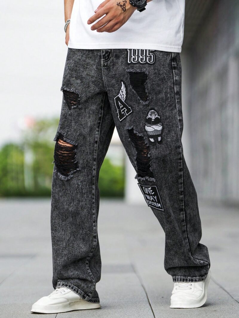 Men Letter Graphic Ripped Straight Leg Jeans - Image 5