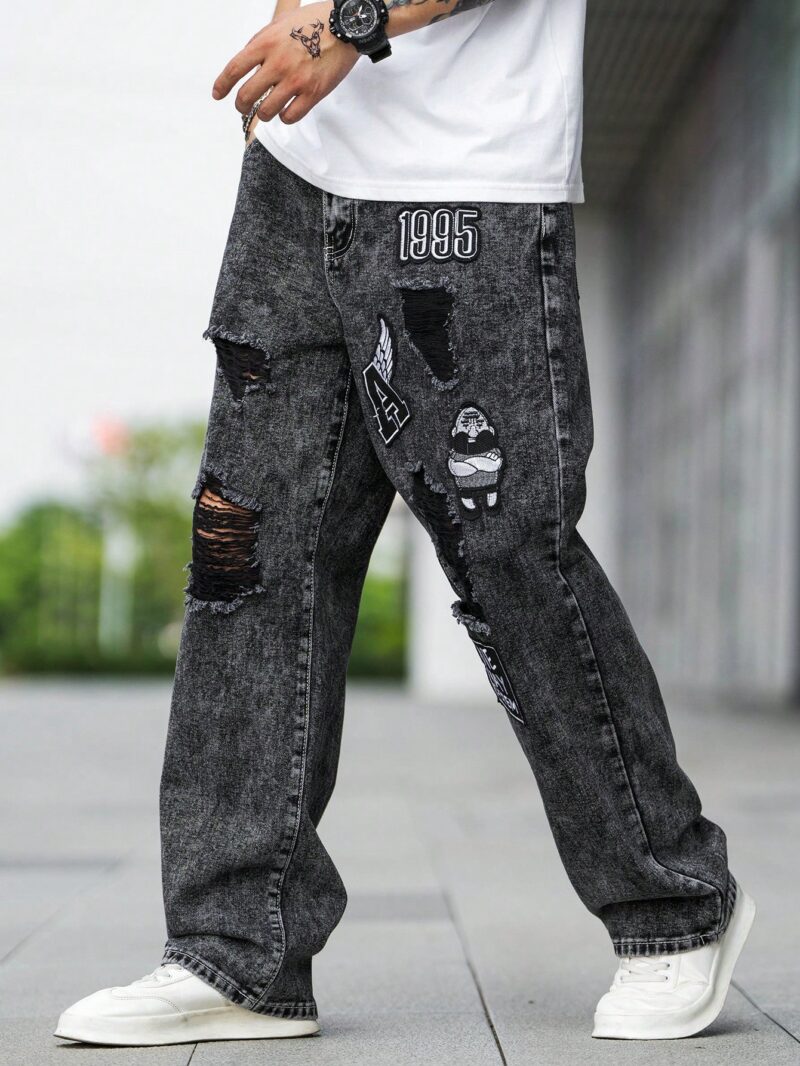 Men Letter Graphic Ripped Straight Leg Jeans - Image 7