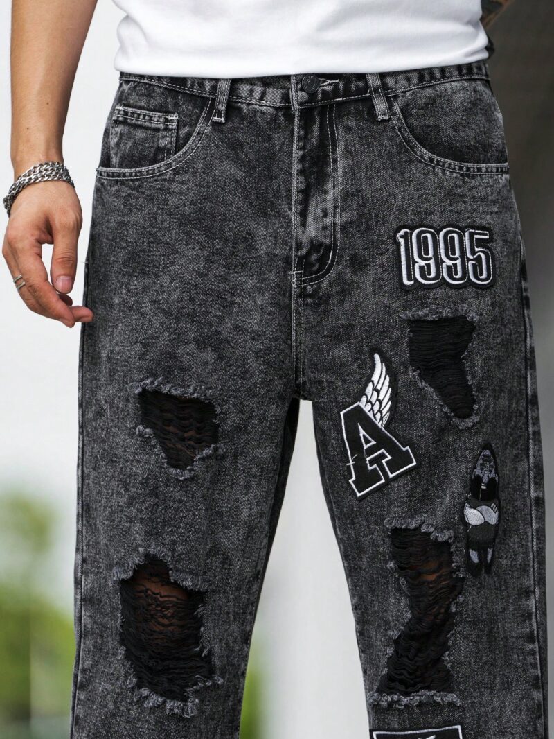 Men Letter Graphic Ripped Straight Leg Jeans - Image 8