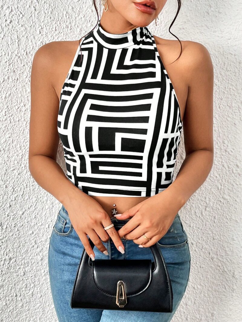 Print Backless Mock Neck Crop Tank Top - Image 6