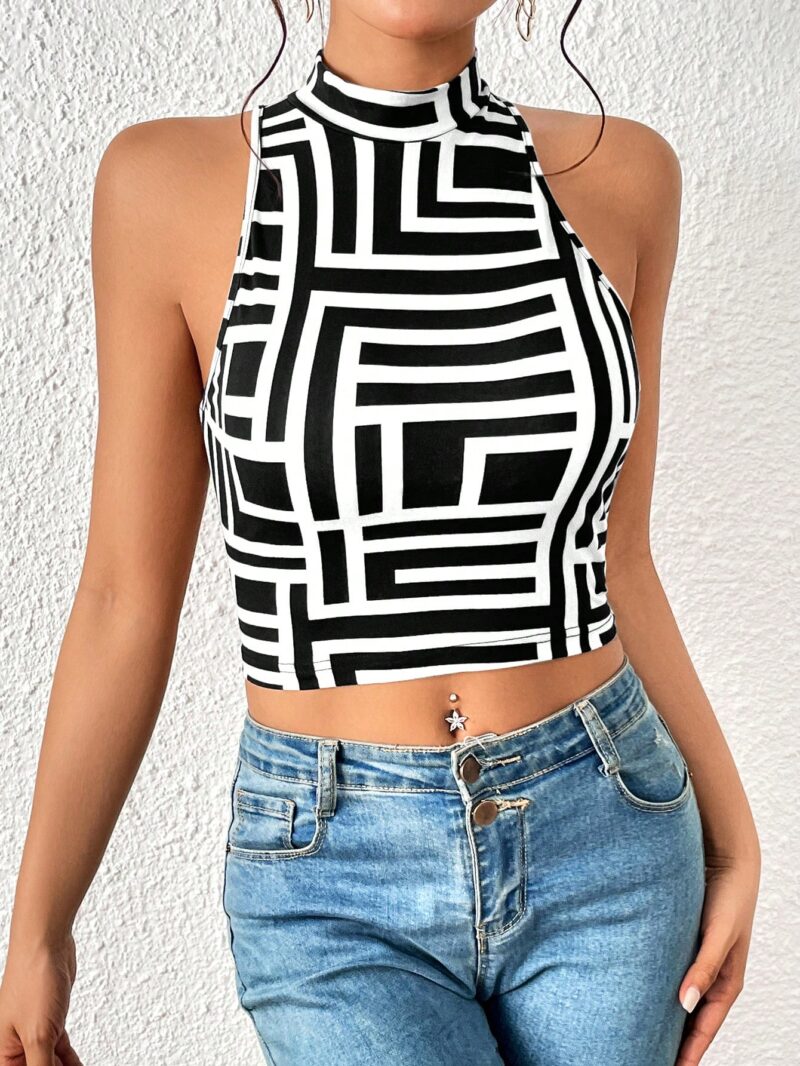 Print Backless Mock Neck Crop Tank Top - Image 3