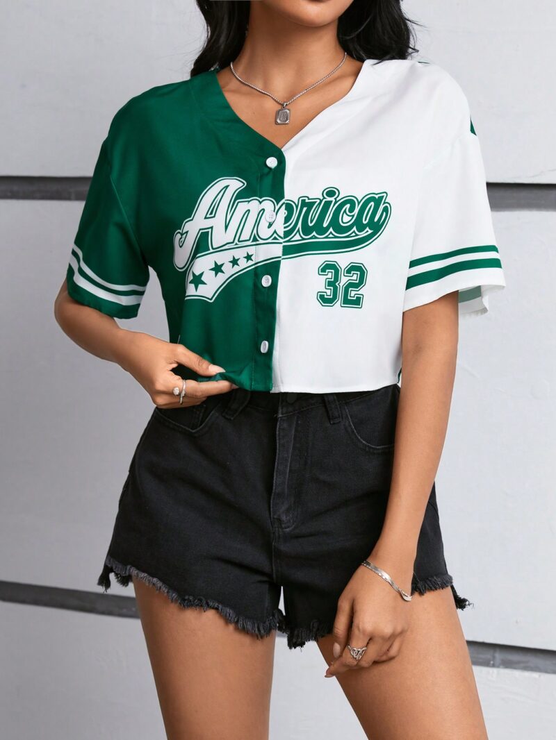 Colorblock Number Print Weave Women's Baseball Shirt - Image 4