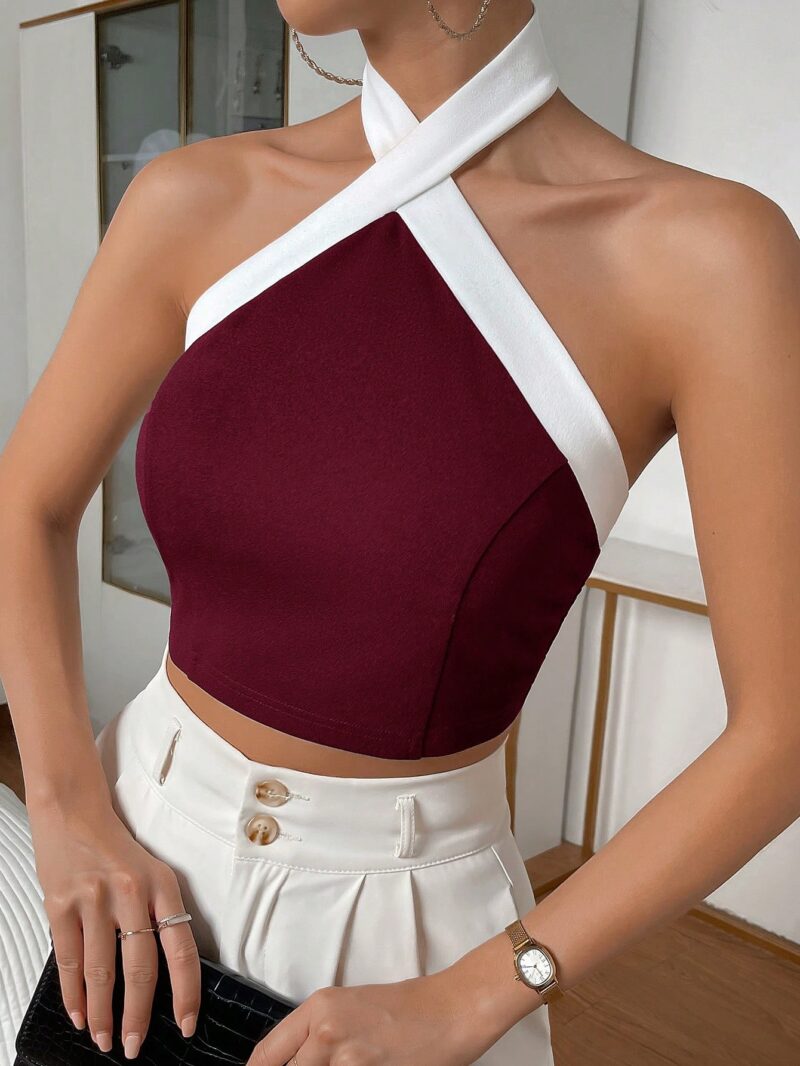 Draped Collar Chain Detail Tie Backless Glitter Halter Top (Copy) - Image 7