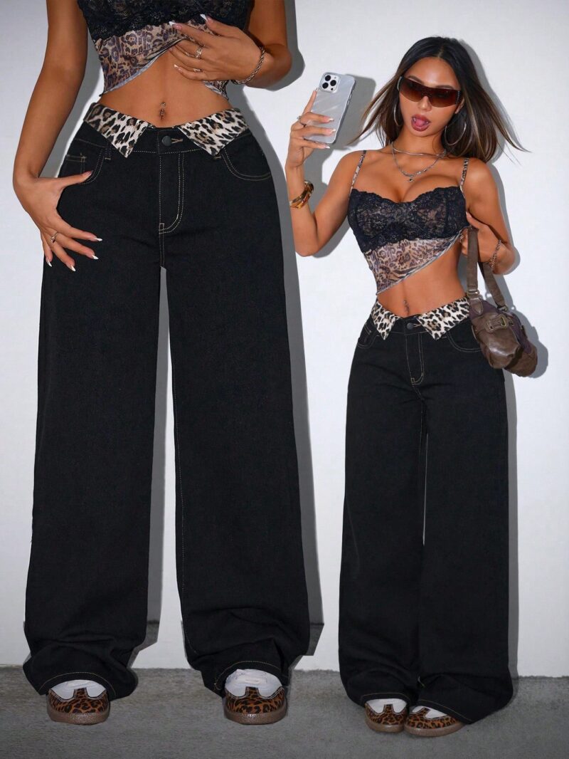 Streetwear Low Waist Leopard Print Wide Leg Jeans - Image 2