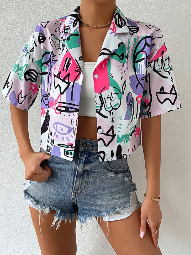 Collar Drop Shoulder Crop Top Figure Graphic Button Down Shirts Blouse - Image 6