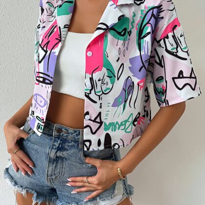 Collar Drop Shoulder Crop Top Figure Graphic Button Down Shirts Blouse