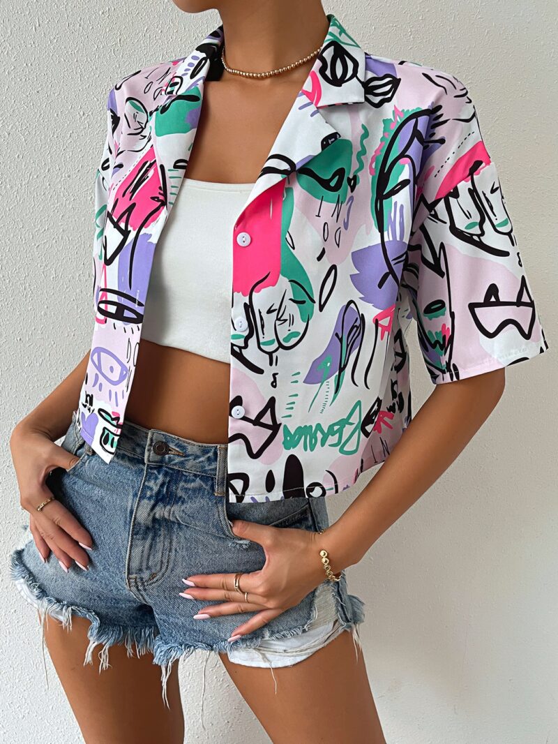 Collar Drop Shoulder Crop Top Figure Graphic Button Down Shirts Blouse