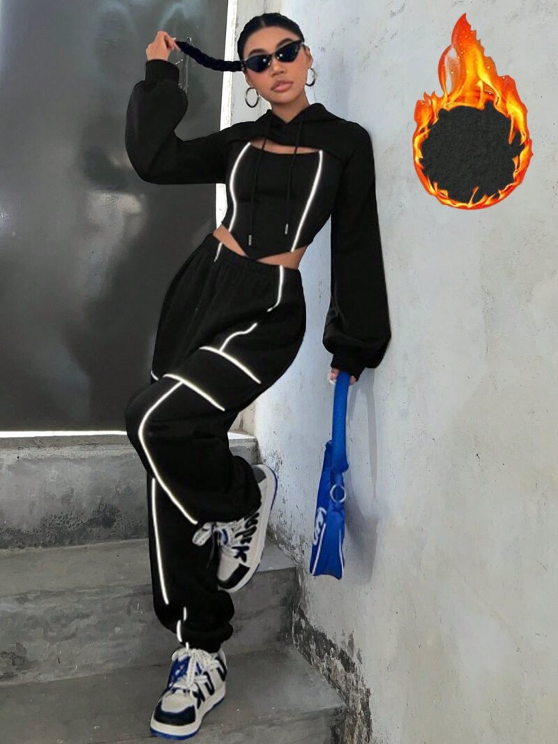 Hollow Out Drawstring Hoodie And Pants Two-piece Set - Image 2