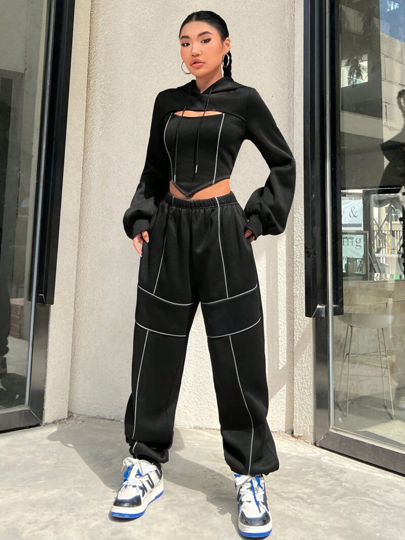 Hollow Out Drawstring Hoodie And Pants Two-piece Set - Image 7