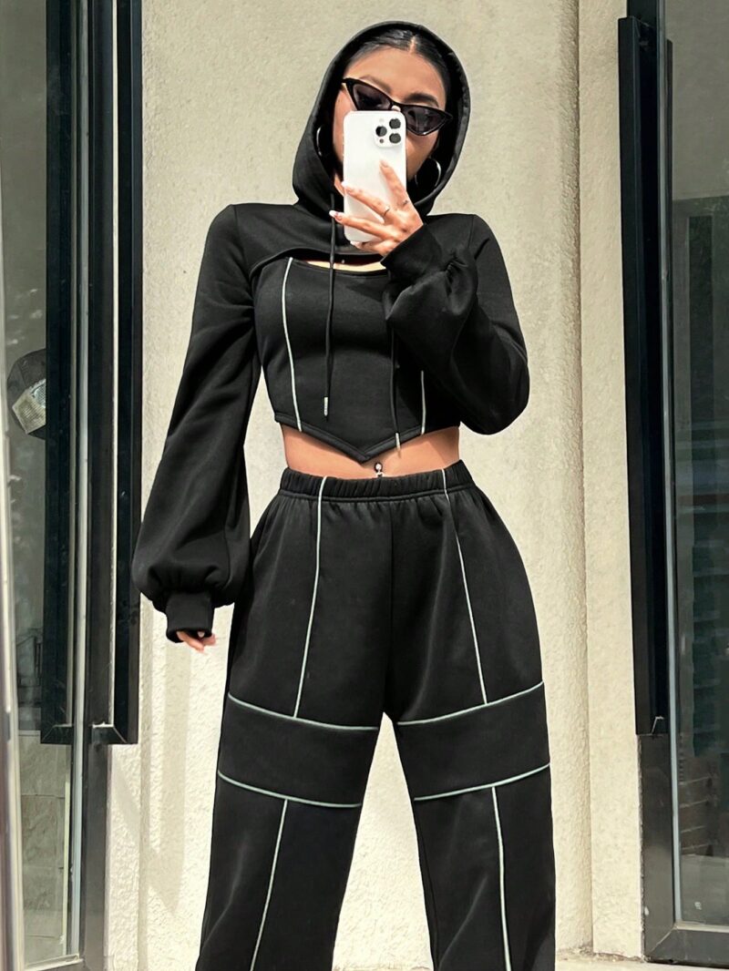 Hollow Out Drawstring Hoodie And Pants Two-piece Set - Image 3