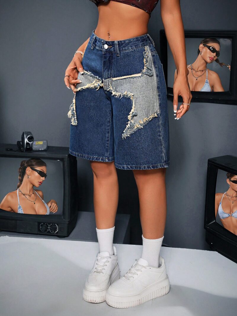 Contrast Color Star Applique Casual Denim Shorts, Summer - Image 5