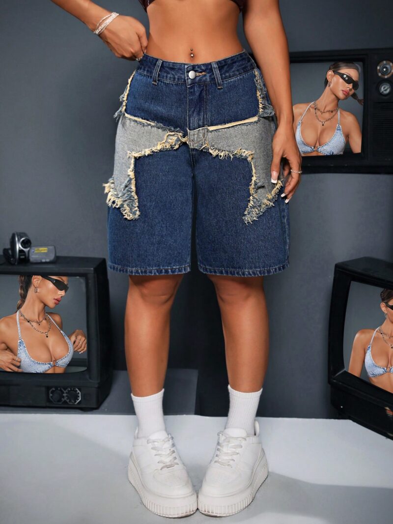 Contrast Color Star Applique Casual Denim Shorts, Summer - Image 4