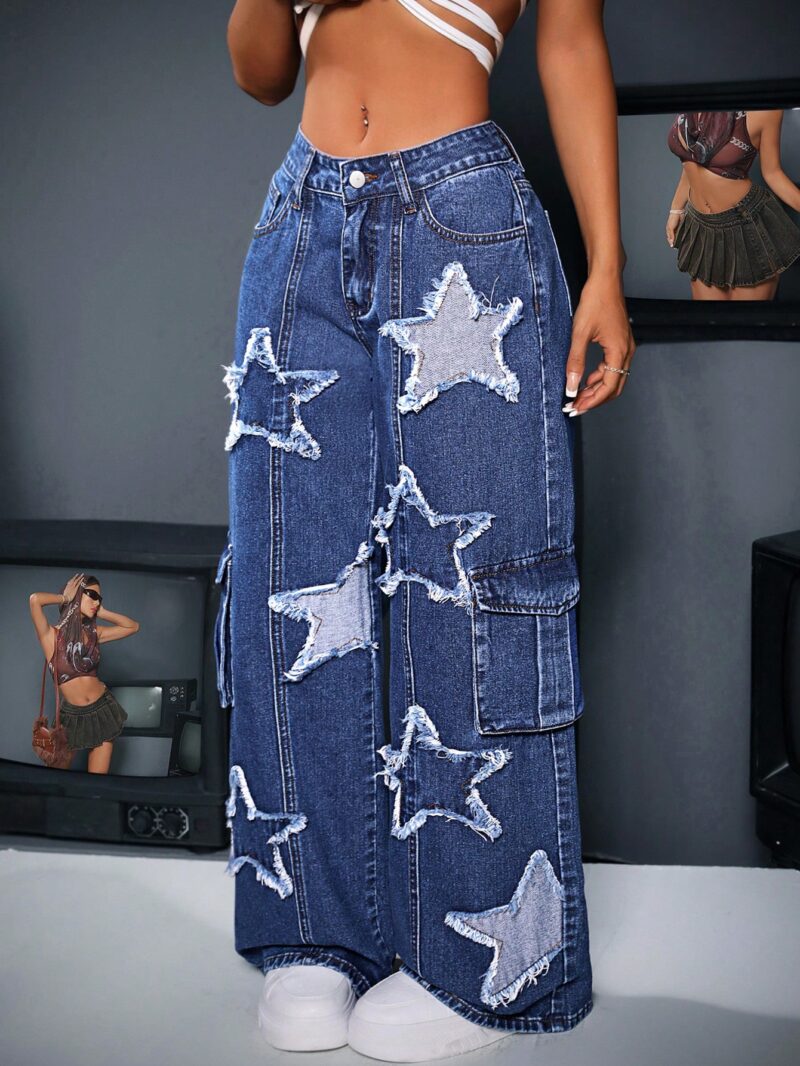 Work Wear Loose Denim Pants With Wide Legs, Star Patches And Pockets - Image 5