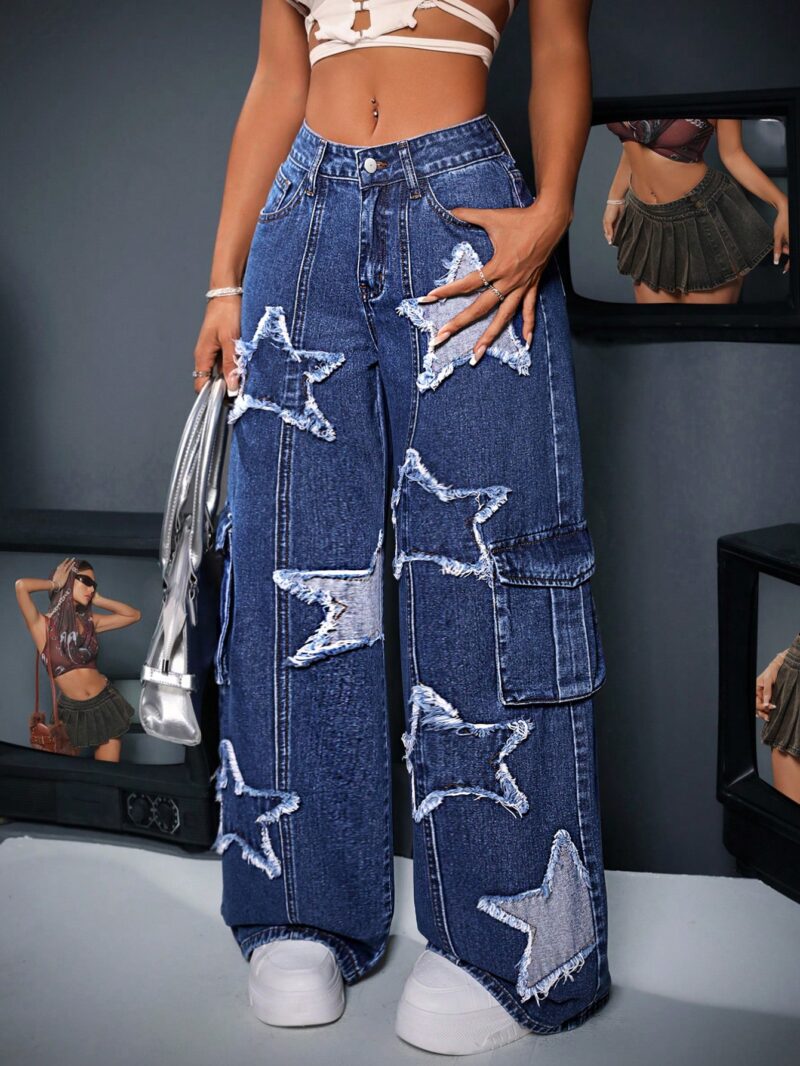 Work Wear Loose Denim Pants With Wide Legs, Star Patches And Pockets - Image 4