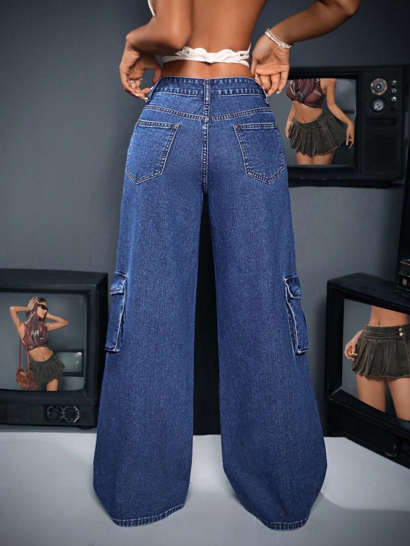 Work Wear Loose Denim Pants With Wide Legs, Star Patches And Pockets - Image 6