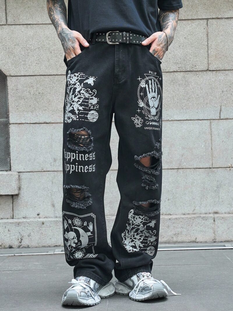 Men's Loose Fit Straight Leg Baggy Jeans With Pocket Slogan, Sun & Face Print And Distressed Details - Image 5