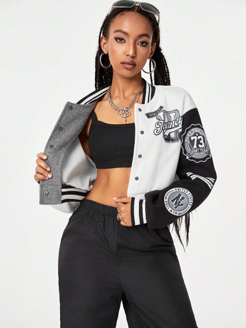 Patched Graphics White&Black Color-Blocked Baggy Long Sleeve Jacket - Image 2