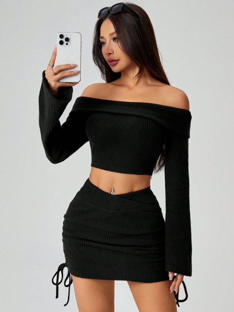 Black Knitted Pit Striped One-Shoulder Top And Drawstring Skirt - Image 3