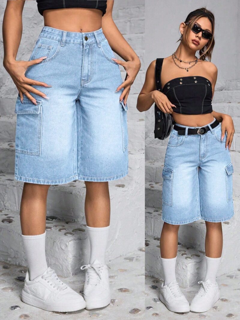 Front Button Multiple Pockets Denim Shorts, Casual Daily - Image 4