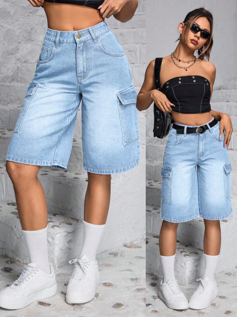 Front Button Multiple Pockets Denim Shorts, Casual Daily - Image 2