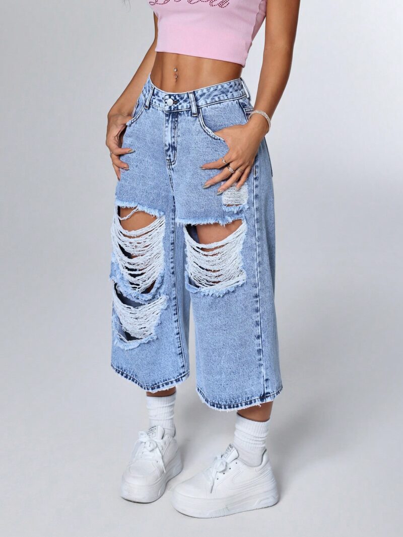 Loose Fit Pocket Distressed Wide Leg Casual Jeans - Image 5