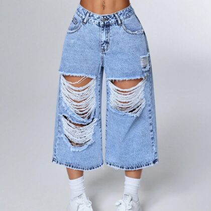 Loose Fit Pocket Distressed Wide Leg Casual Jeans