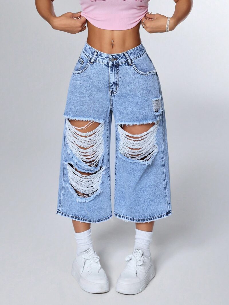 Loose Fit Pocket Distressed Wide Leg Casual Jeans