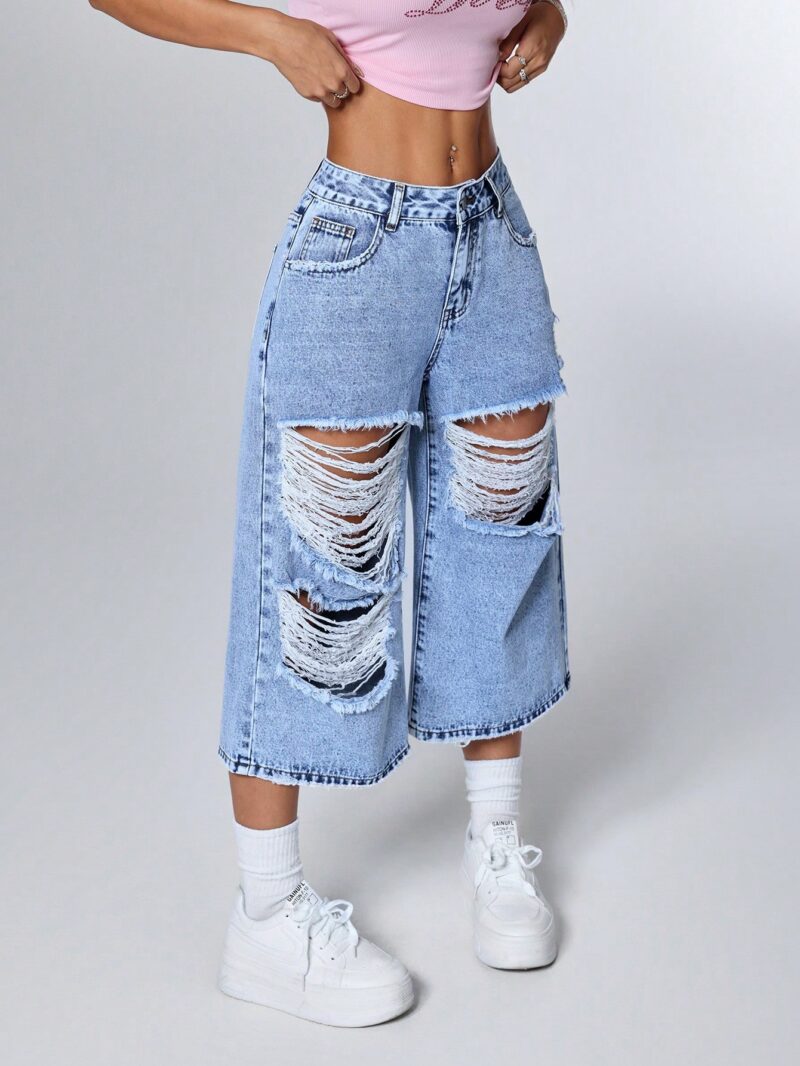 Loose Fit Pocket Distressed Wide Leg Casual Jeans - Image 2