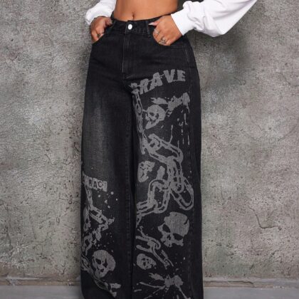 Letter & Skull Graphic Pocket Loose Wide Leg Casual Jeans