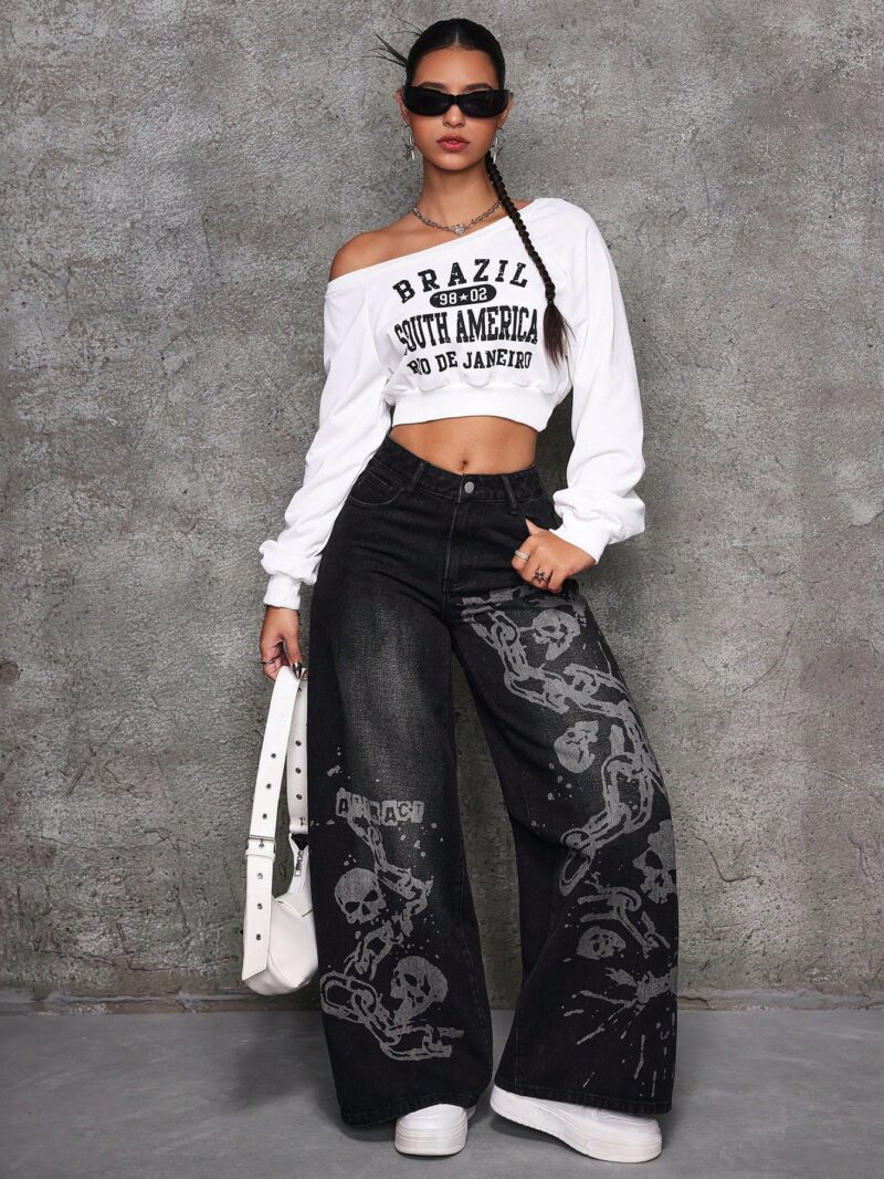 Letter & Skull Graphic Pocket Loose Wide Leg Casual Jeans - Image 3