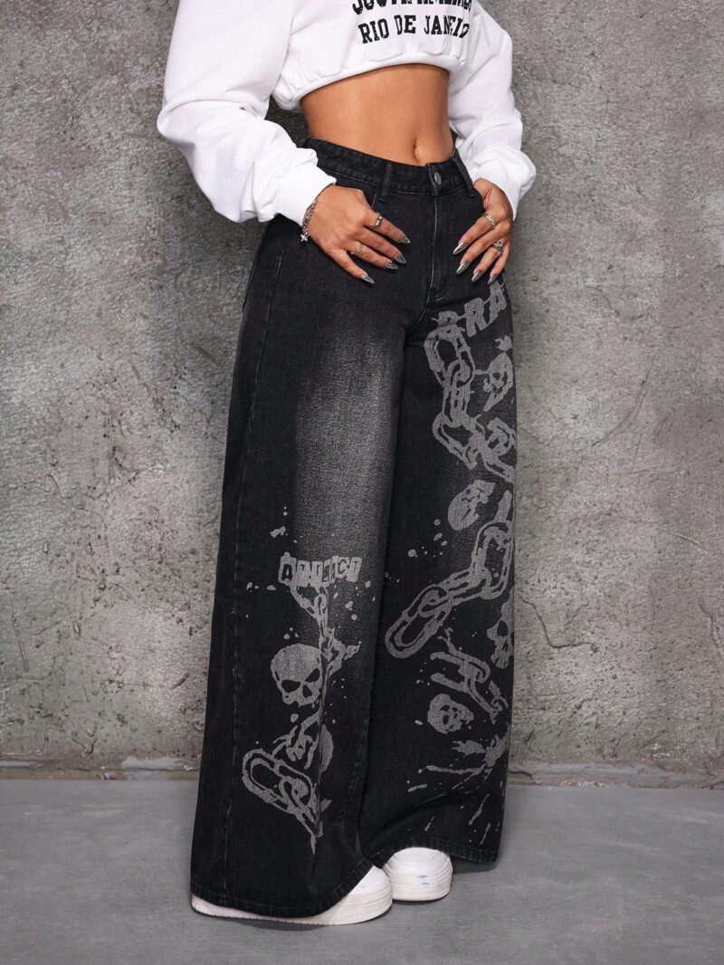 Letter & Skull Graphic Pocket Loose Wide Leg Casual Jeans - Image 5