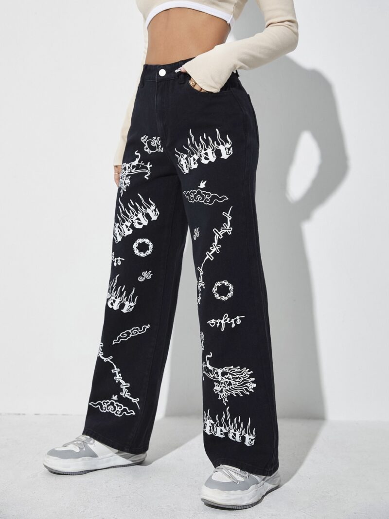 High Waist Letter & Fire Pattern Wide Leg Jeans - Image 5