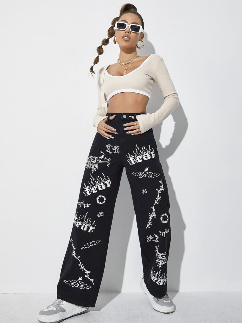 High Waist Letter & Fire Pattern Wide Leg Jeans - Image 4