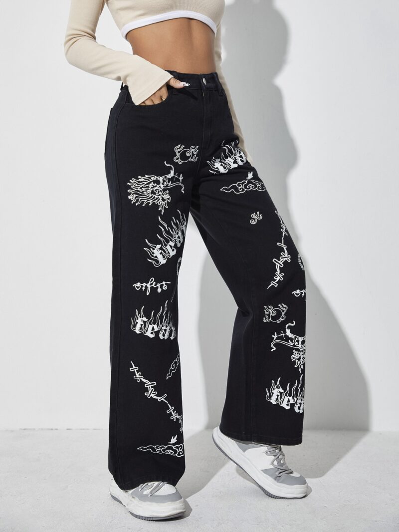 High Waist Letter & Fire Pattern Wide Leg Jeans - Image 3