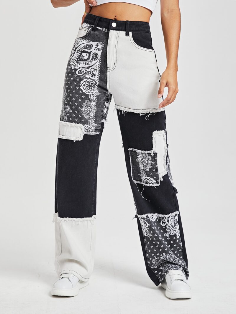 Paisley Print Patchwork Print Jeans - Image 2