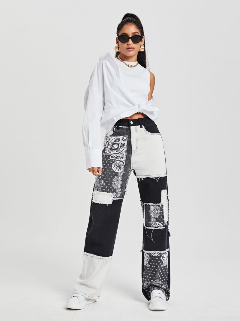 Paisley Print Patchwork Print Jeans - Image 4
