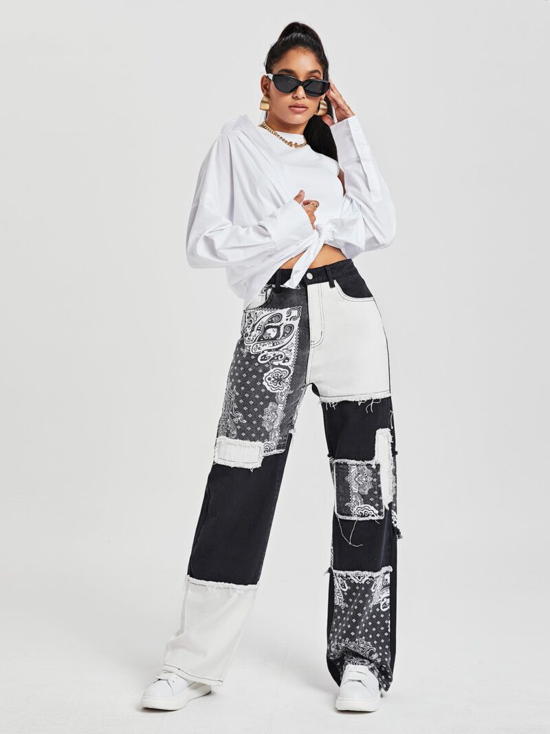 Paisley Print Patchwork Print Jeans - Image 5