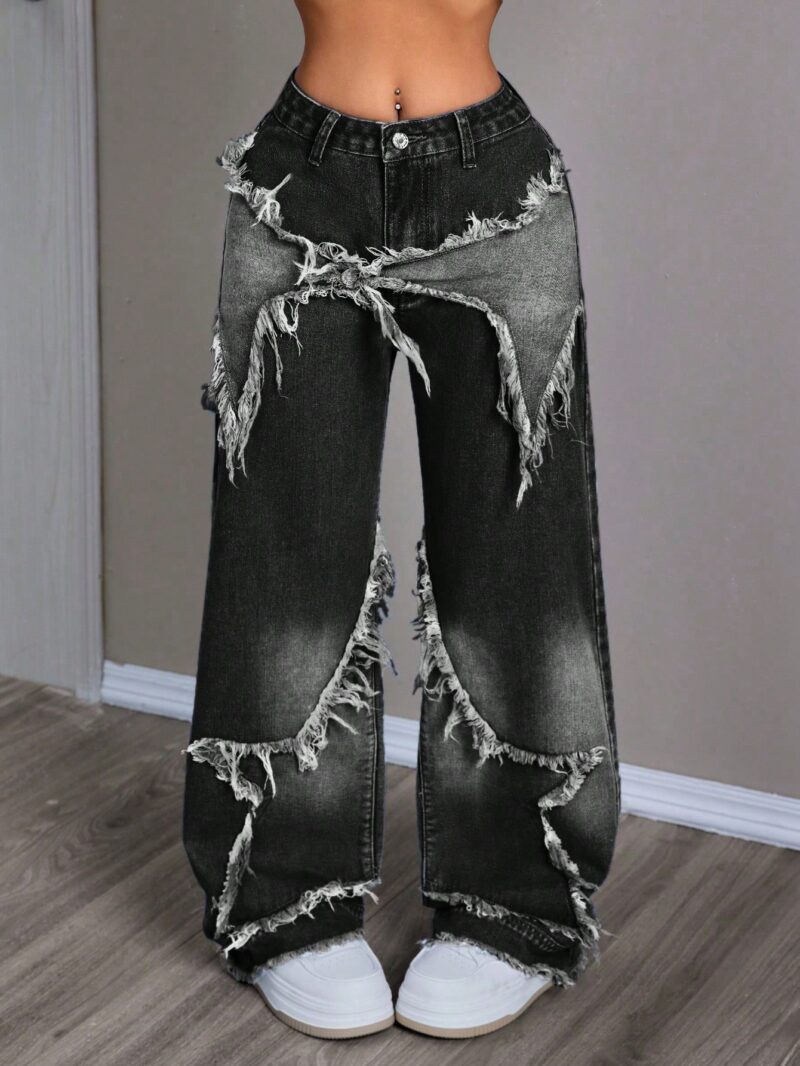 Patchwork Fringe Wide Leg Loose Casual Denim Pants