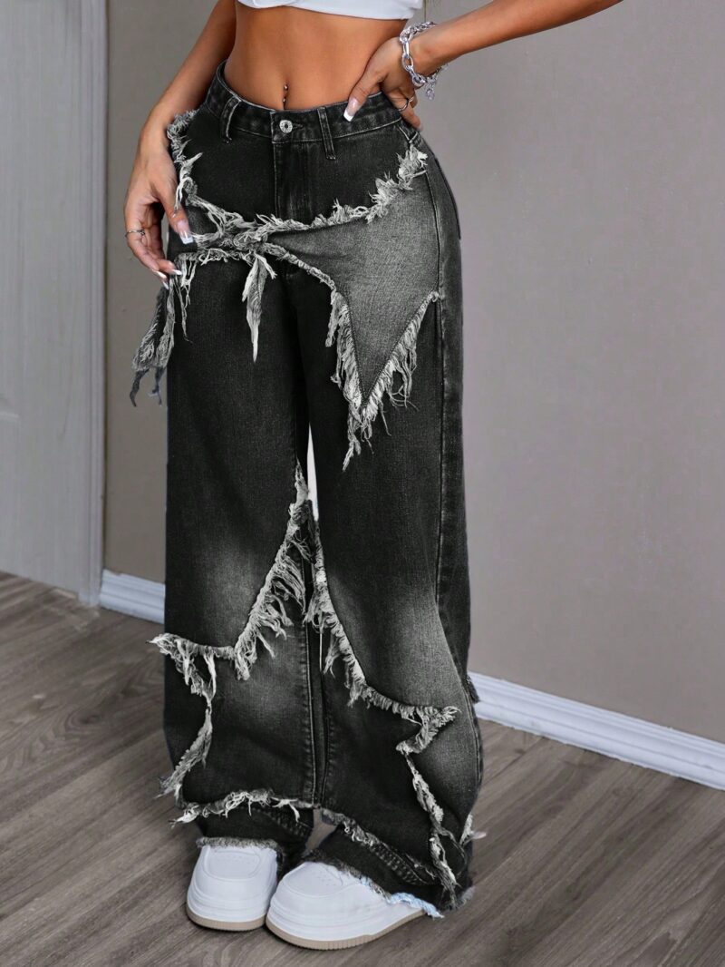 Patchwork Fringe Wide Leg Loose Casual Denim Pants - Image 5