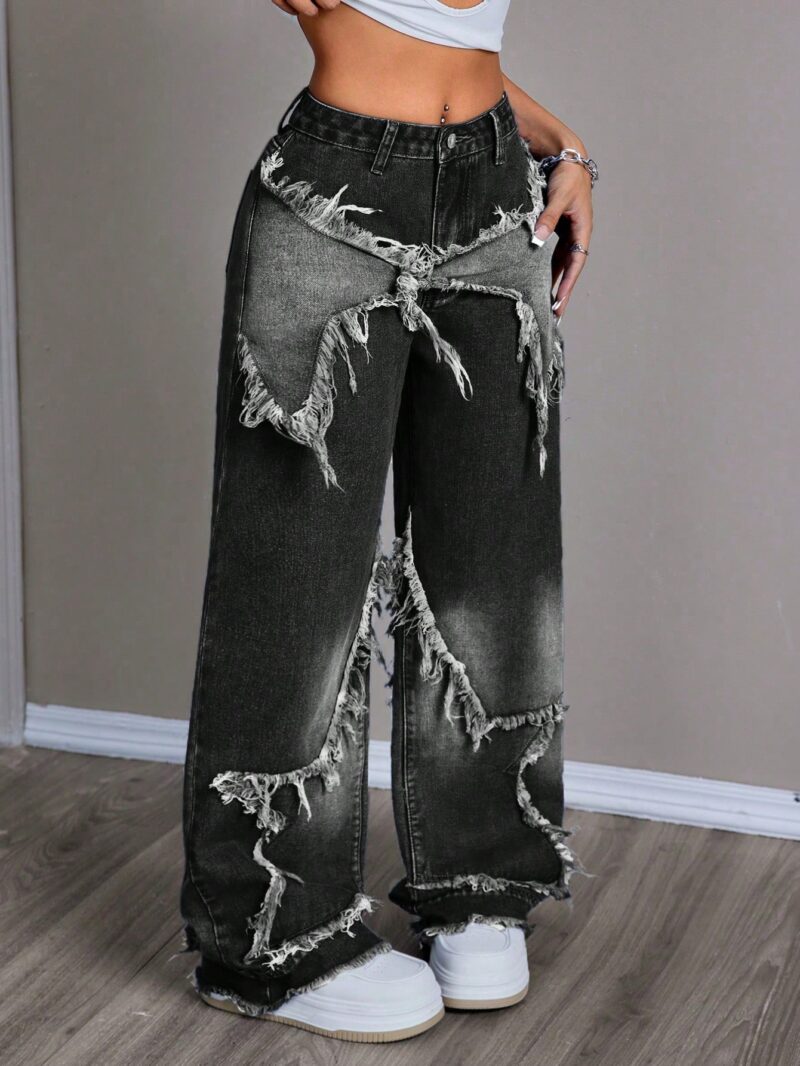 Patchwork Fringe Wide Leg Loose Casual Denim Pants - Image 3