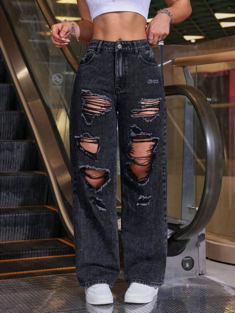 Loose-Fit Wide-Leg Casual Denim Jeans With Distressed Pockets