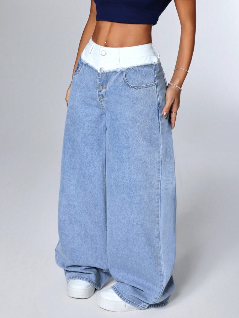 Casual Contrast Waistband Wide Leg Jeans - Image 2